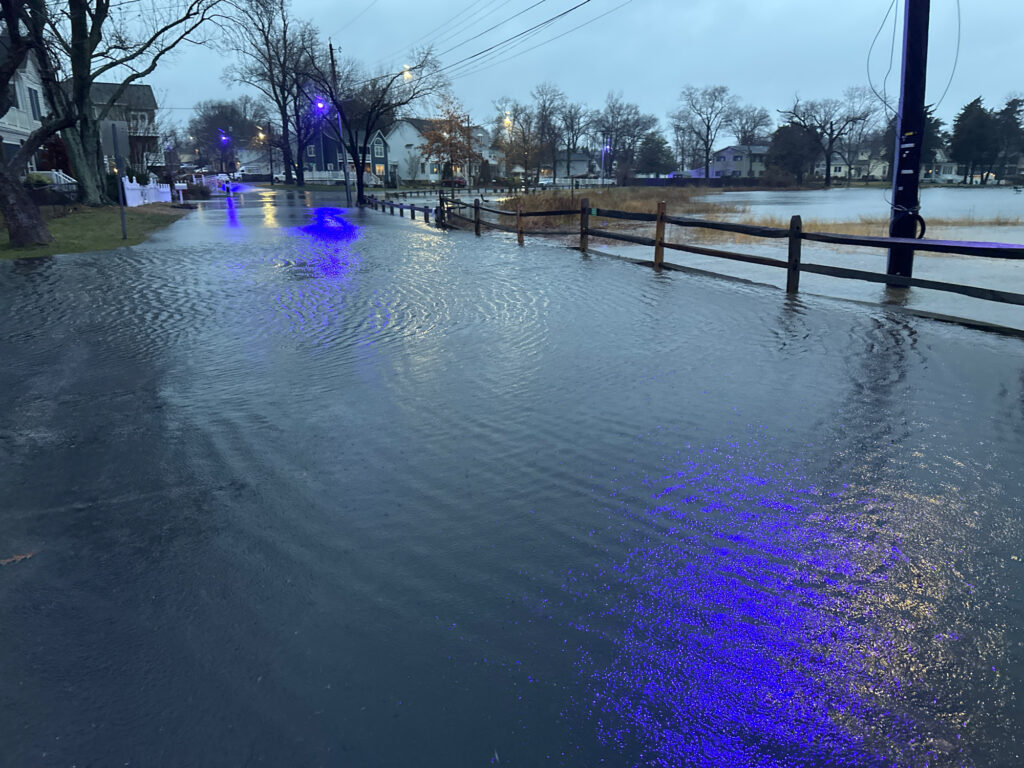 a flooded street with a fence and trees on the side (MyCoast AI)