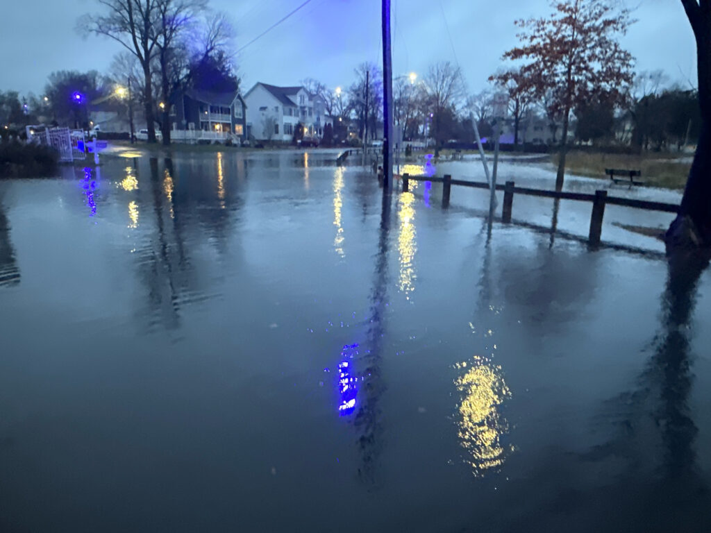 a flooded street with houses and trees (MyCoast AI)