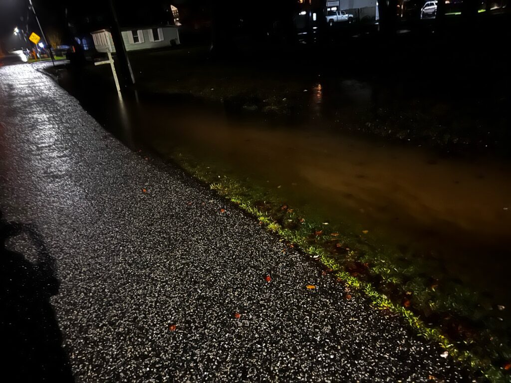 a road with a puddle on the side and a street light on the side (MyCoast AI)