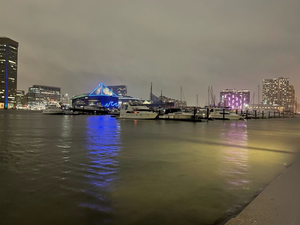 a body of water with buildings and a bridge in the background (MyCoast AI)
