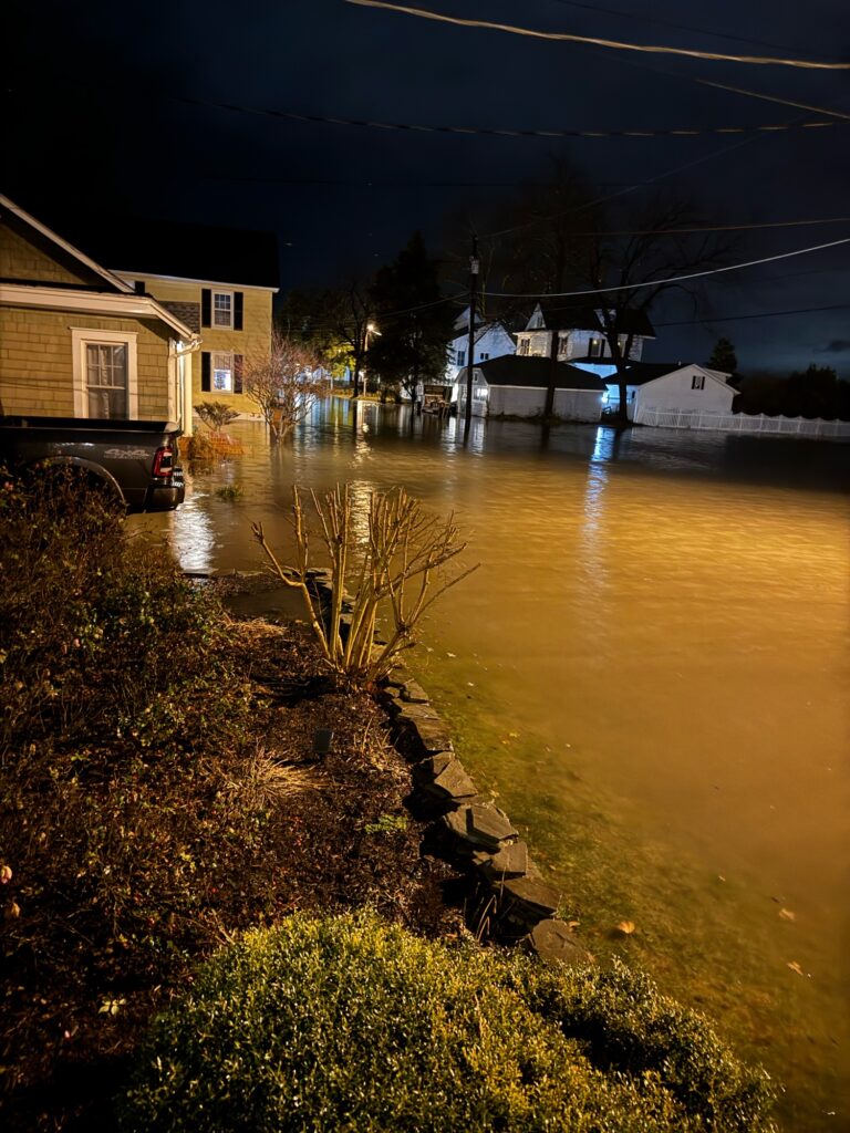 a flooded street with houses and trees (MyCoast AI)