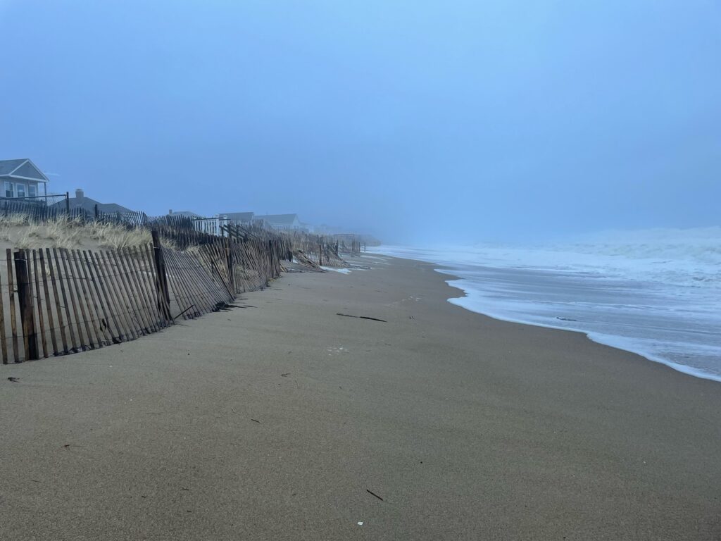 a beach with a fence and a body of water (MyCoast AI)