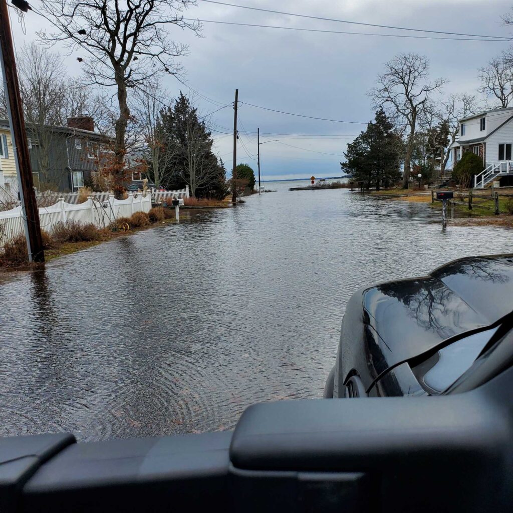 a flooded street with houses and trees (MyCoast AI)