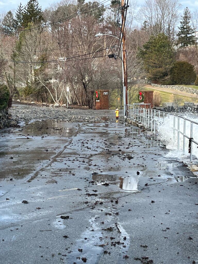 a flooded street with a fence and trees (MyCoast AI)
