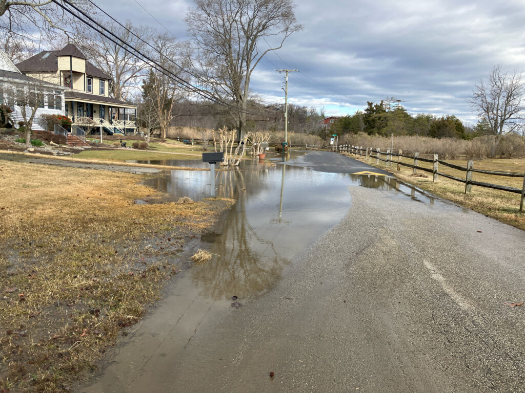 a wet road with houses on either side of it (MyCoast AI)