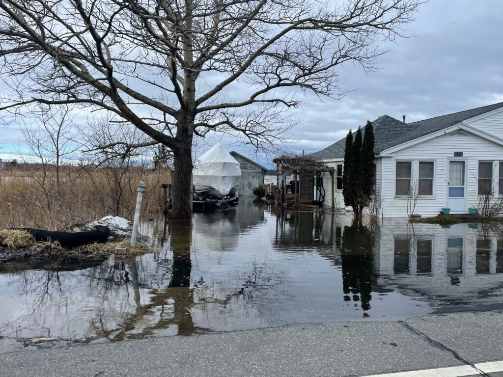 a flooded street with houses and trees (MyCoast AI)