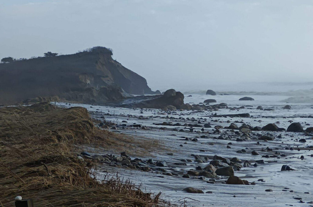 a rocky beach with a hill in the background (MyCoast AI)