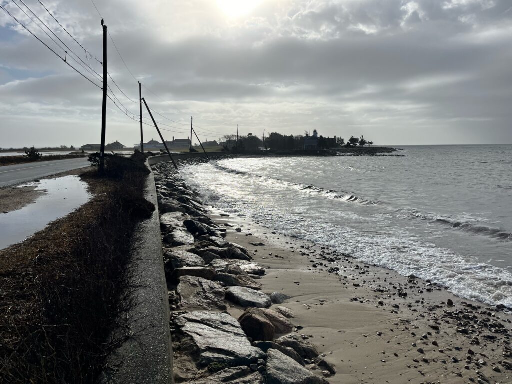 a rocky beach with a pier and a body of water (MyCoast AI)