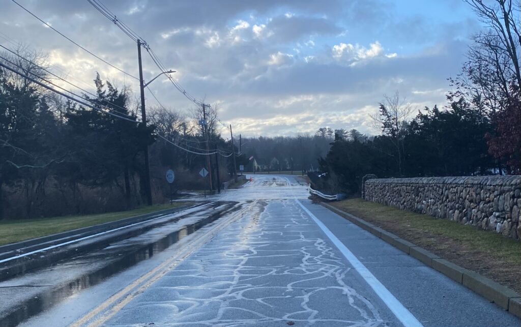 a road with a puddle on the side and trees on the side (MyCoast AI)