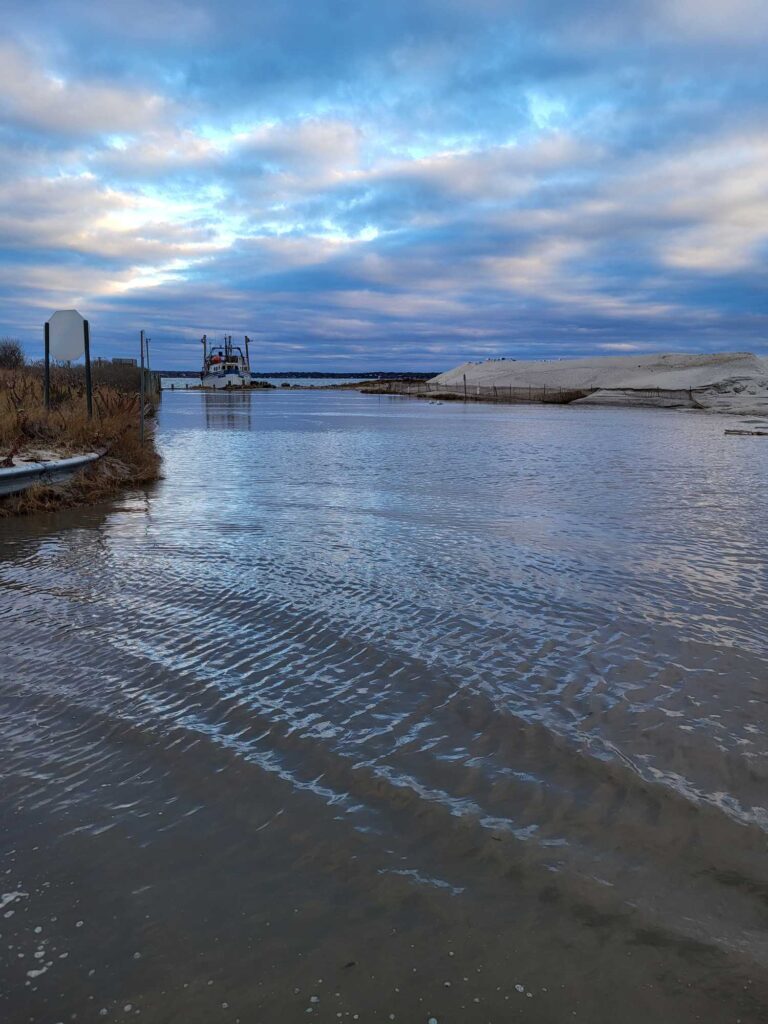 a body of water with a dock and a structure in the distance (MyCoast AI)