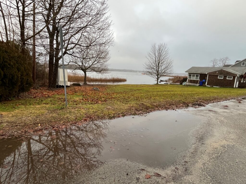 a flooded road with houses and trees (MyCoast AI)