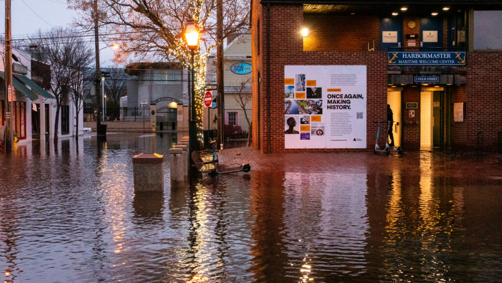 a flooded street with a building on the side (MyCoast AI)