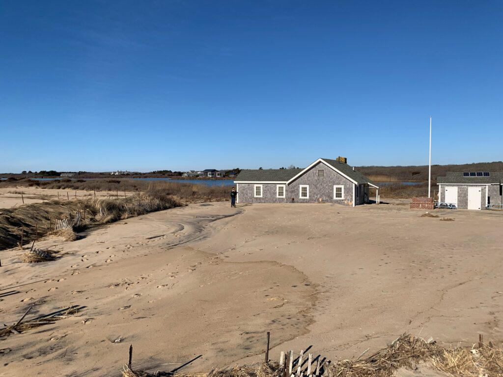 a sandy beach with buildings in the background (MyCoast AI)