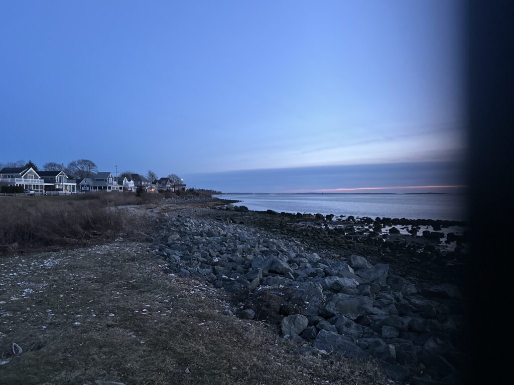 a rocky beach with houses in the background (MyCoast AI)