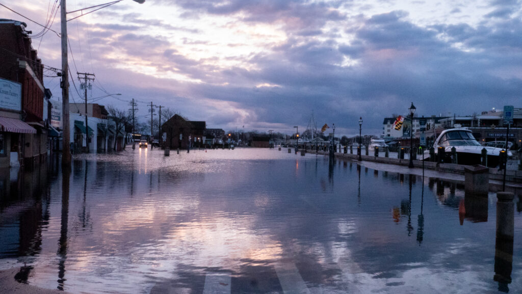 a flooded street with buildings and cars (MyCoast AI)