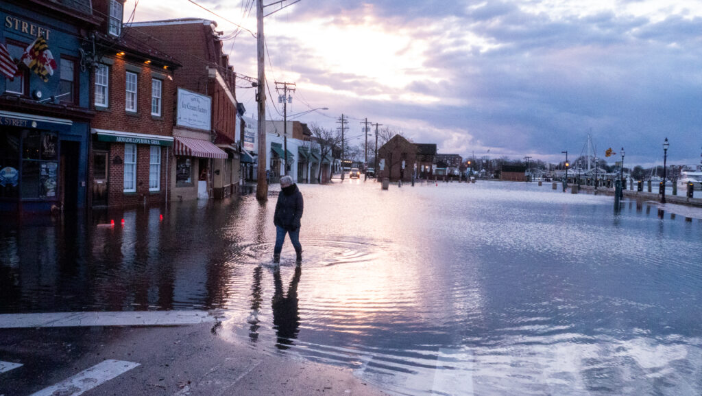 a person walking in a flooded street (MyCoast AI)