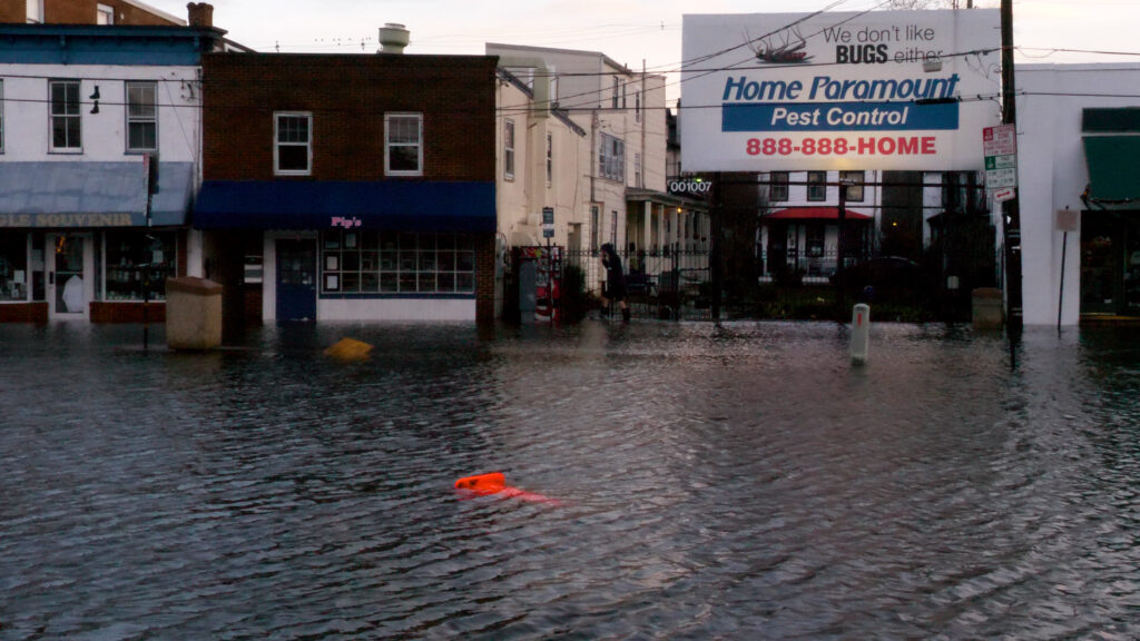 a flooded street with buildings on either side of it (MyCoast AI)