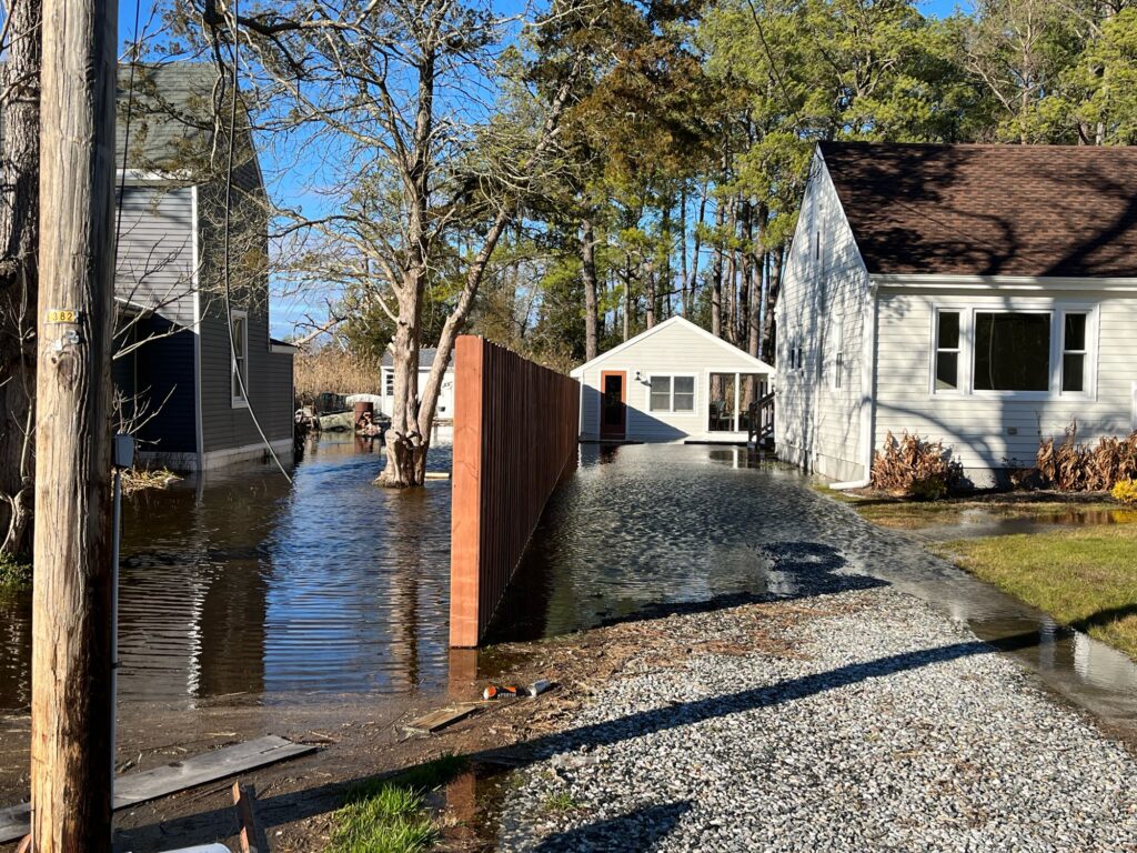a flooded street with houses and trees (MyCoast AI)