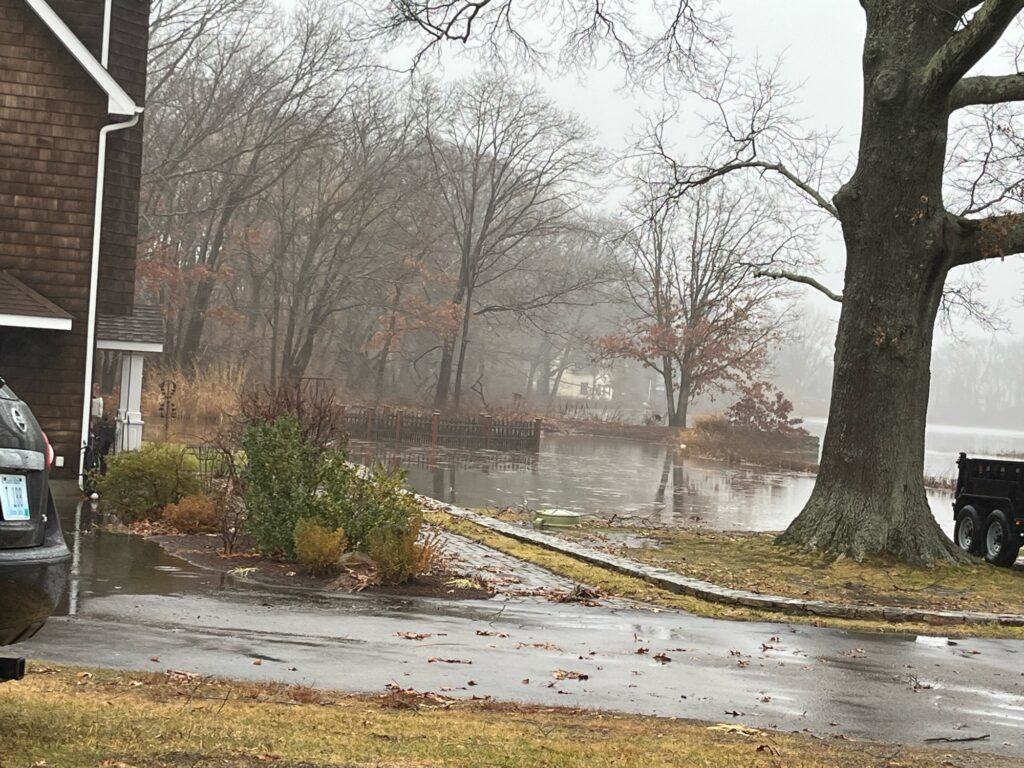 a flooded street with trees and a house (MyCoast AI)