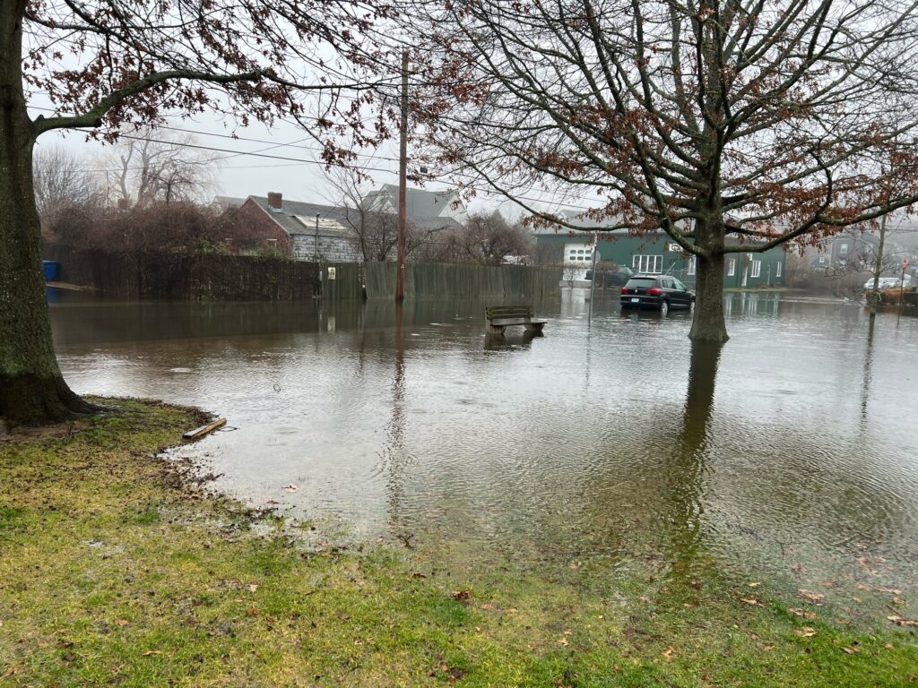 a flooded street with trees and houses (MyCoast AI)