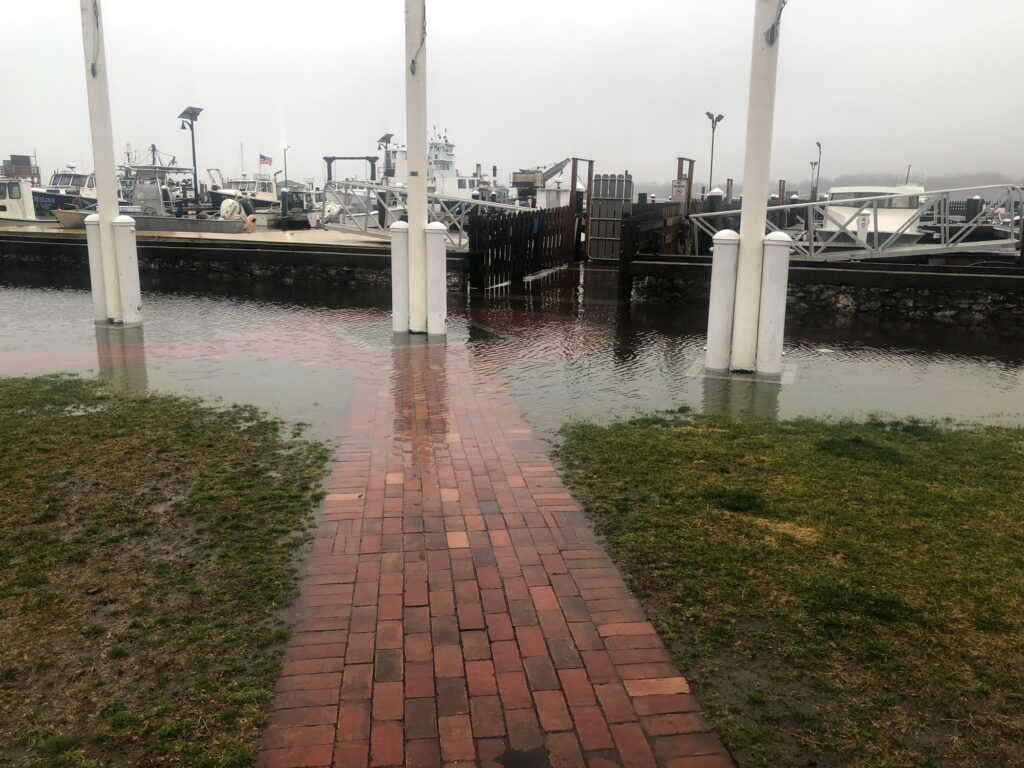 a brick walkway next to a body of water with a dock and boats (MyCoast AI)