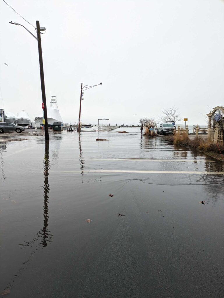 a flooded street with cars and a bridge in the distance (MyCoast AI)
