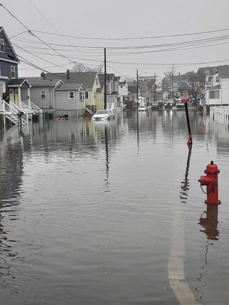 a red fire hydrant in a flooded area (MyCoast AI)