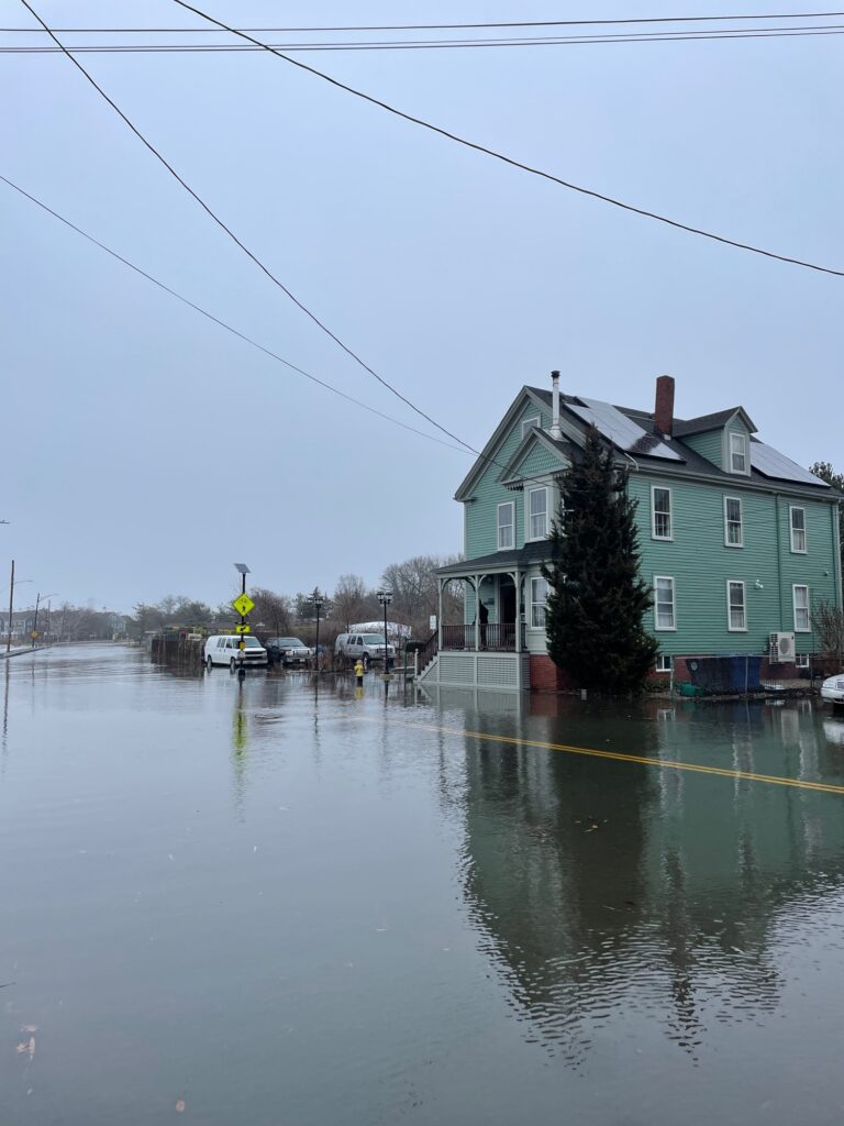 a flooded street with houses and cars (MyCoast AI)