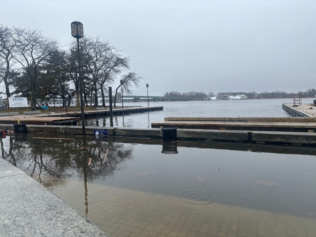 a body of water with a dock and a light post (MyCoast AI)