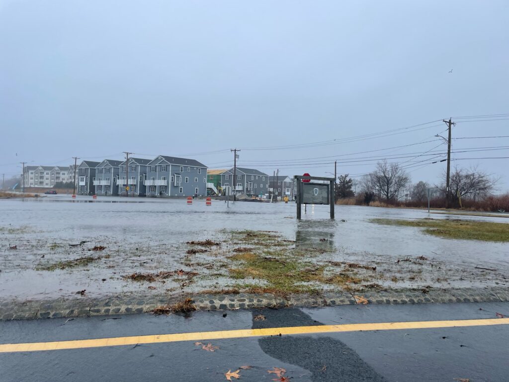 a road with a puddle on the side and buildings in the background (MyCoast AI)