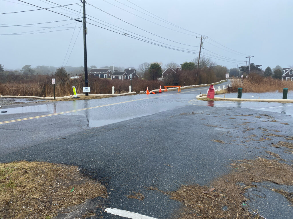 a road with a puddle and a road with a power line and houses (MyCoast AI)