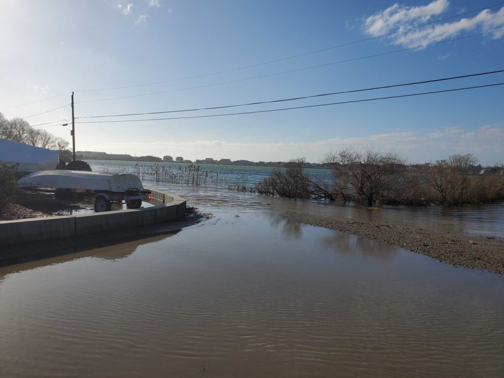 a flooded area with a bridge and trees (MyCoast AI)