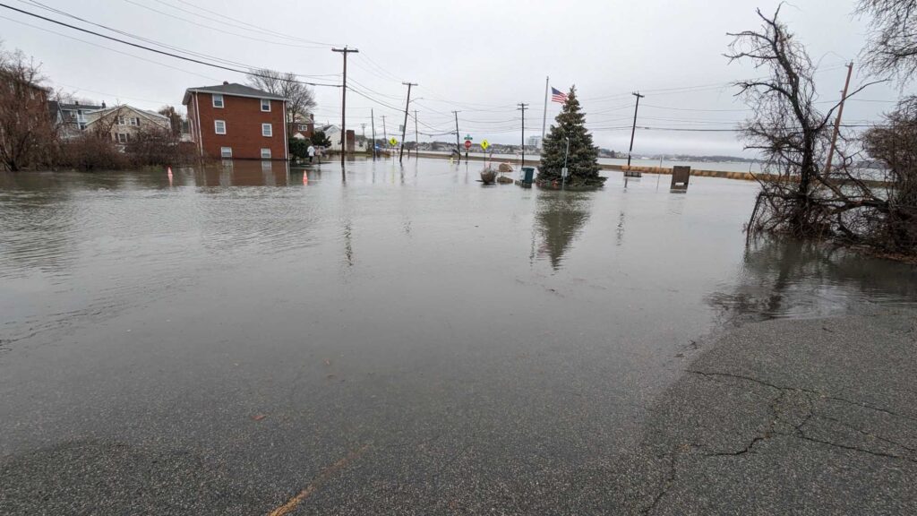 a flooded street with houses and trees (MyCoast AI)
