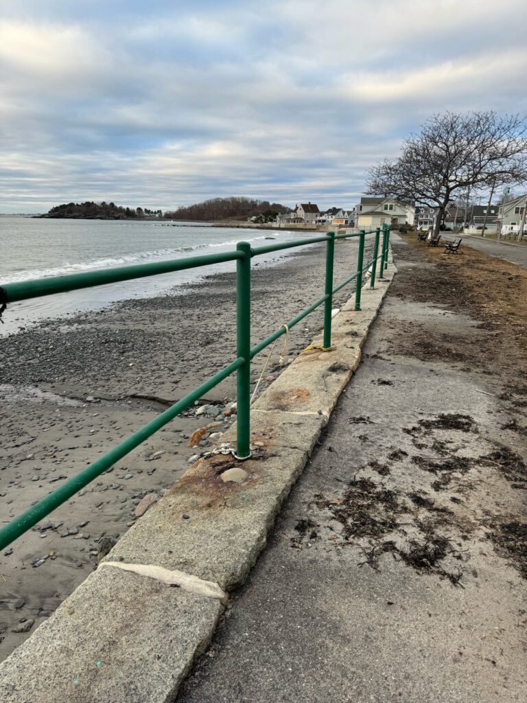 a green railing by a body of water (MyCoast AI)