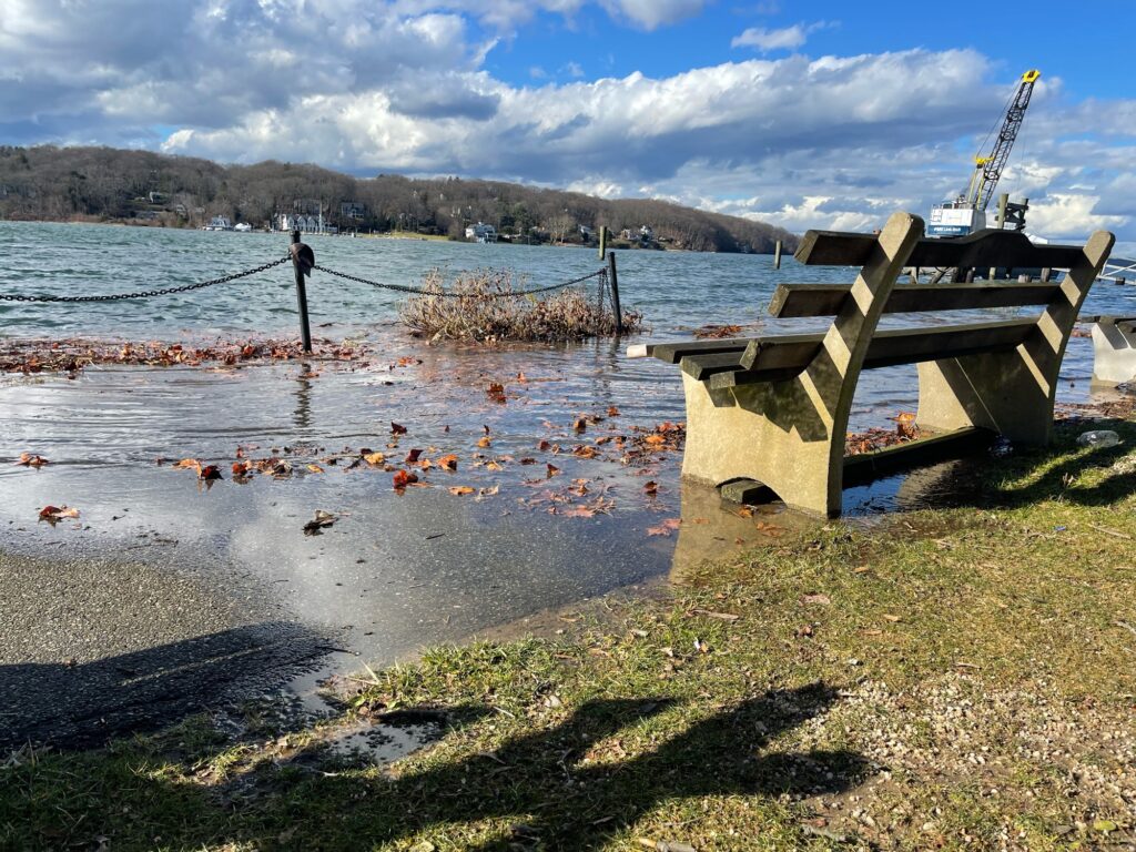 a bench sits on the shore of a lake (MyCoast AI)