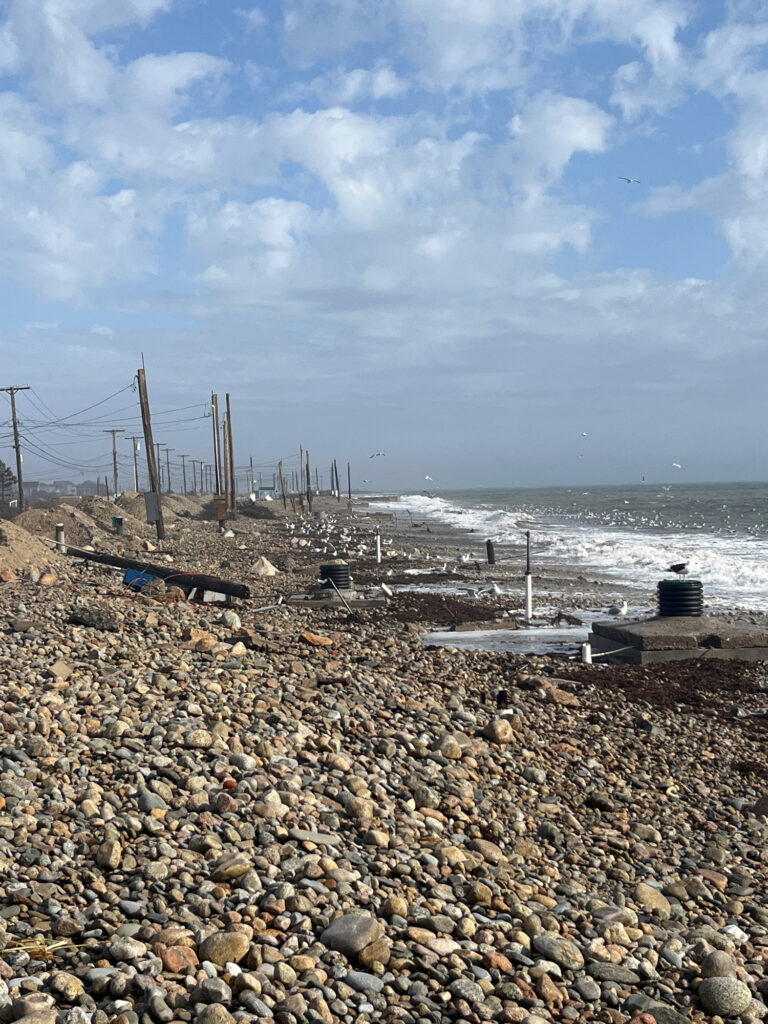 a rocky beach with a fence and a body of water (MyCoast AI)