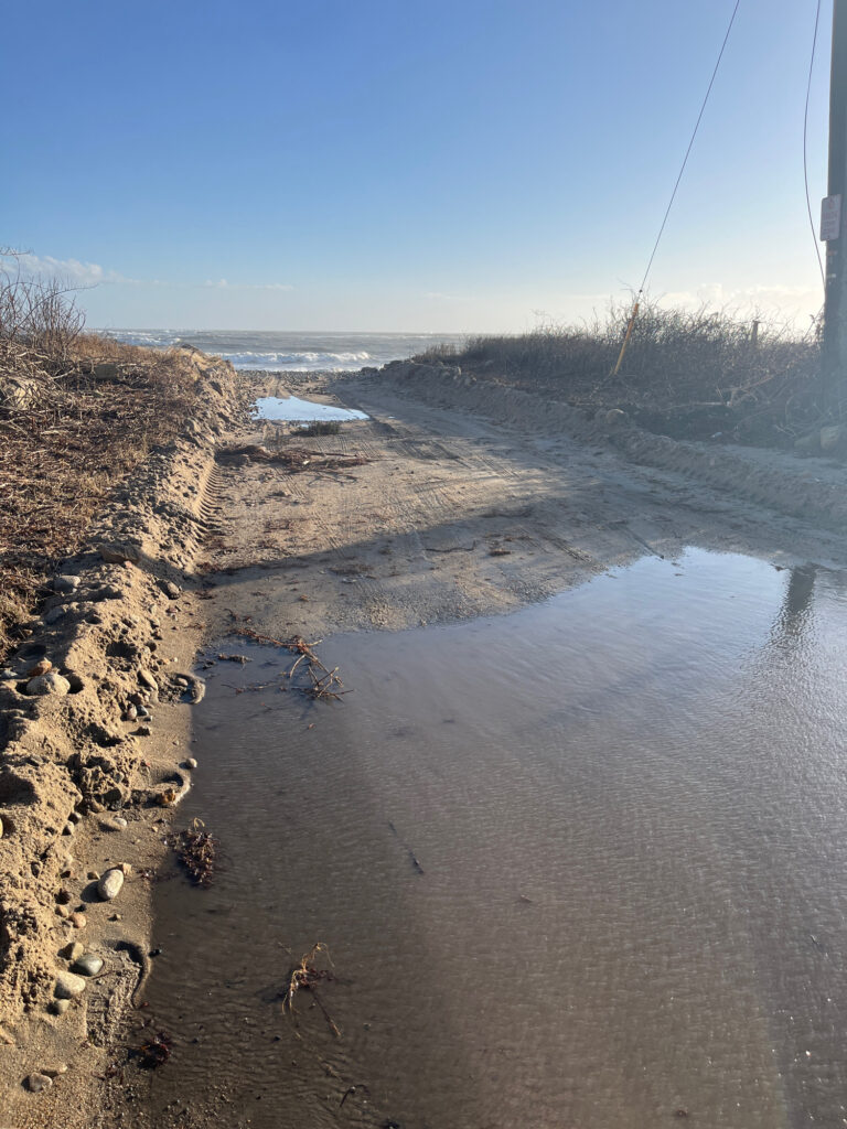 a sandy beach with a body of water and a blue sky (MyCoast AI)