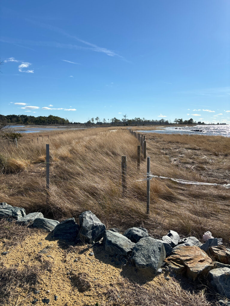 a fence and rocks by a field (MyCoast AI)
