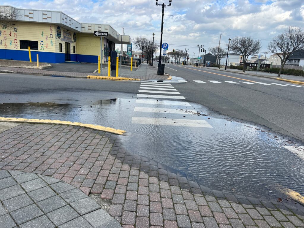 a wet street with a puddle (MyCoast AI)