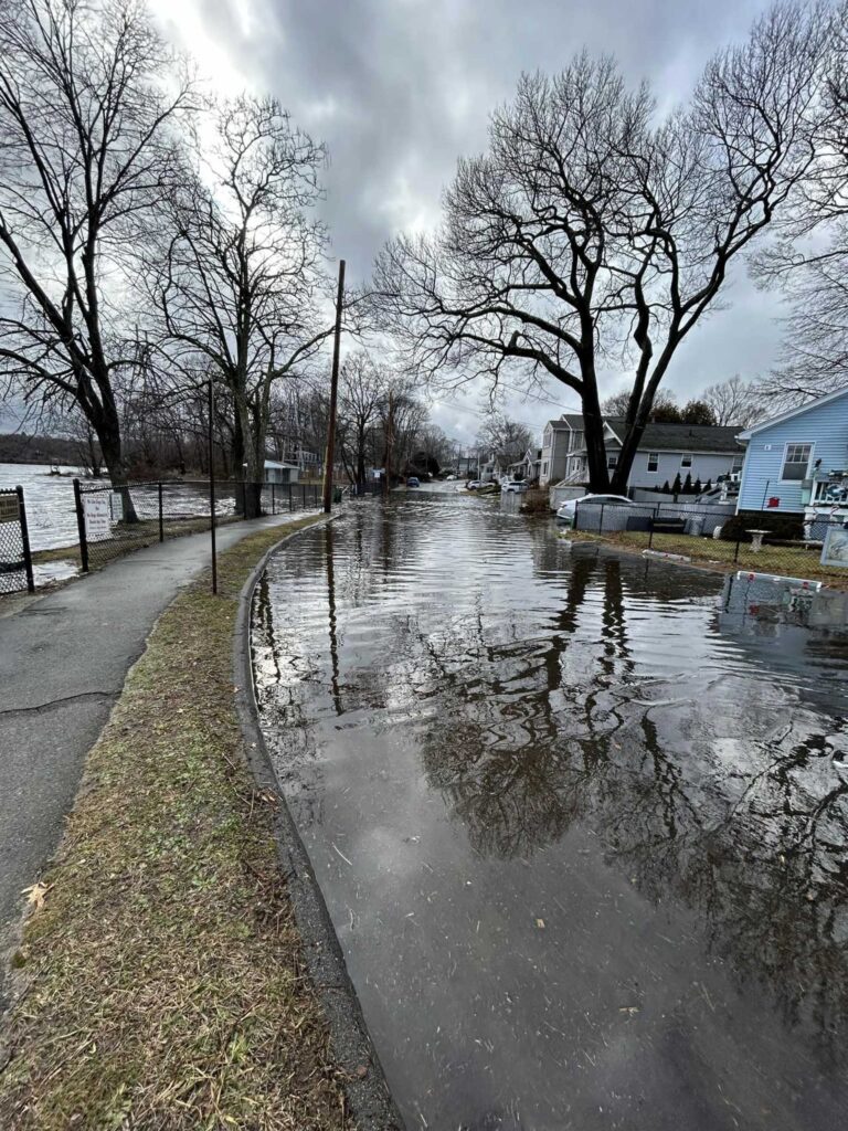 a flooded street with houses and trees (MyCoast AI)