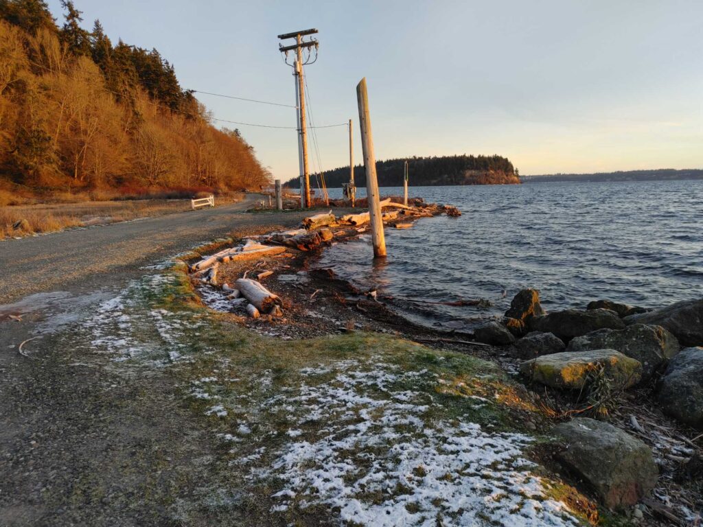 a rocky beach with a body of water and trees (MyCoast AI)