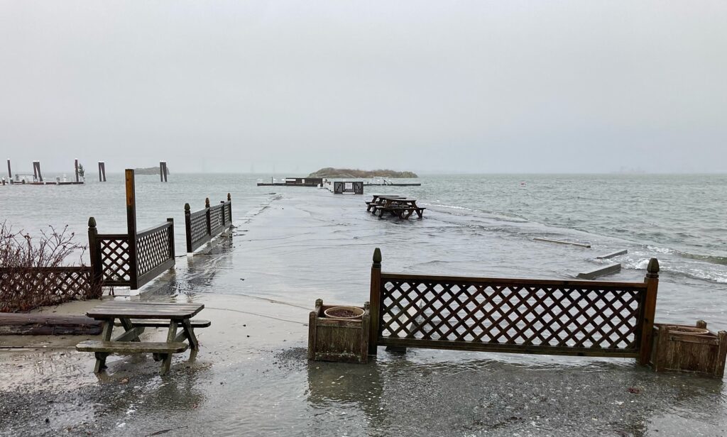 a dock with benches and tables on it by the water (MyCoast AI)