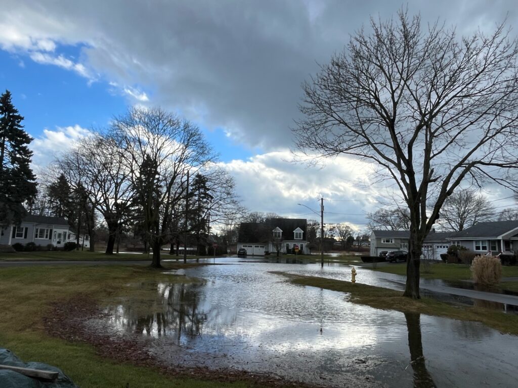 a flooded street with houses and trees (MyCoast AI)