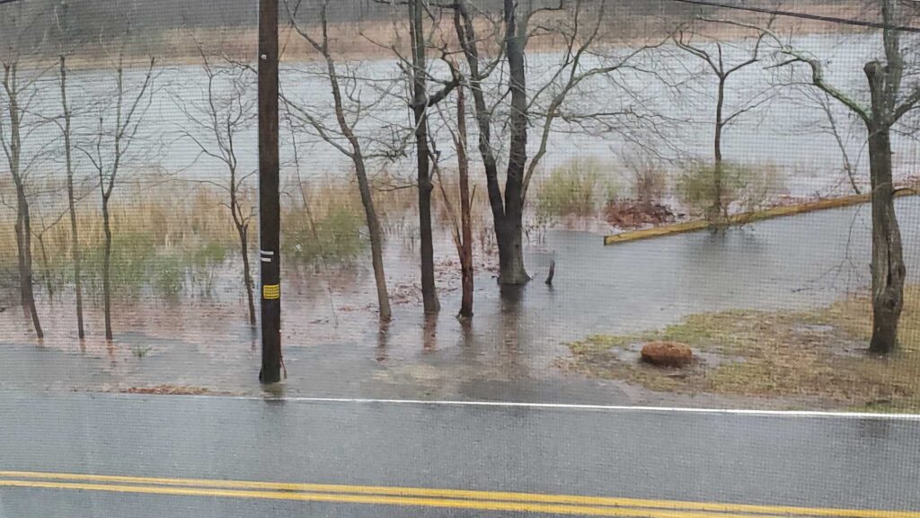 a flooded road with trees on either side of it (MyCoast AI)