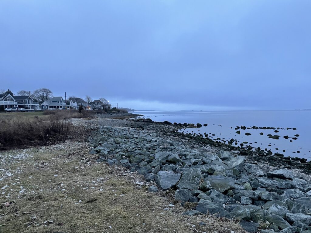 a rocky beach with houses in the background (MyCoast AI)