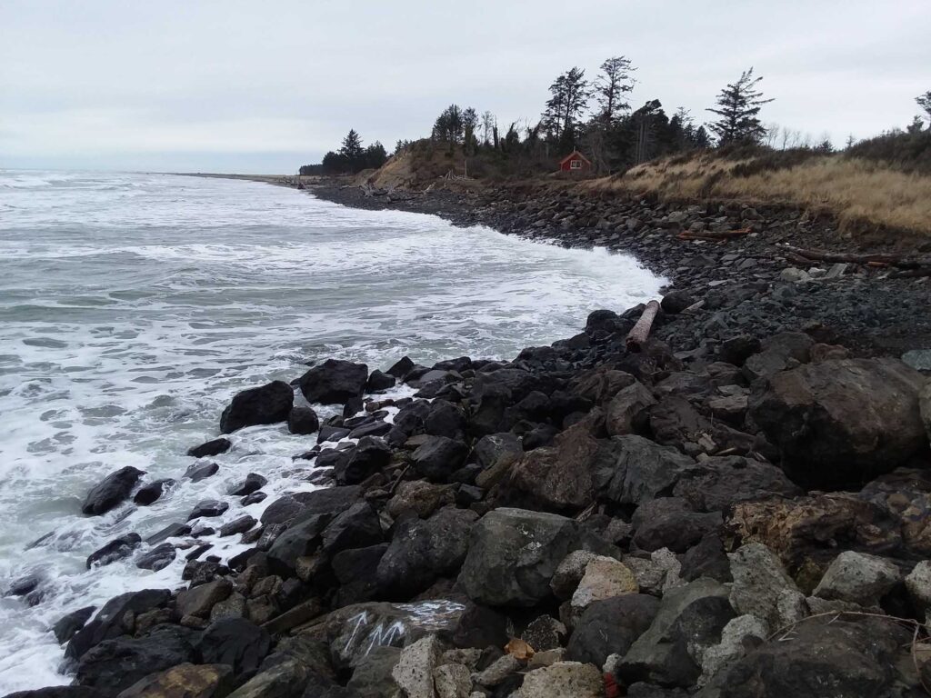 a rocky beach with trees and a hill in the background (MyCoast AI)