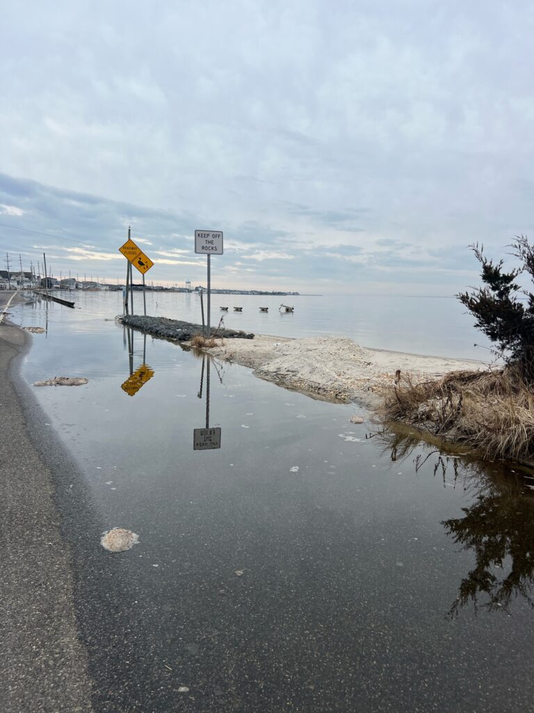 a road with a sign on it by a body of water (MyCoast AI)