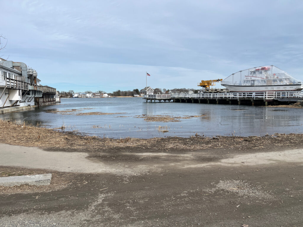a beach with a pier and a building in the background (MyCoast AI)