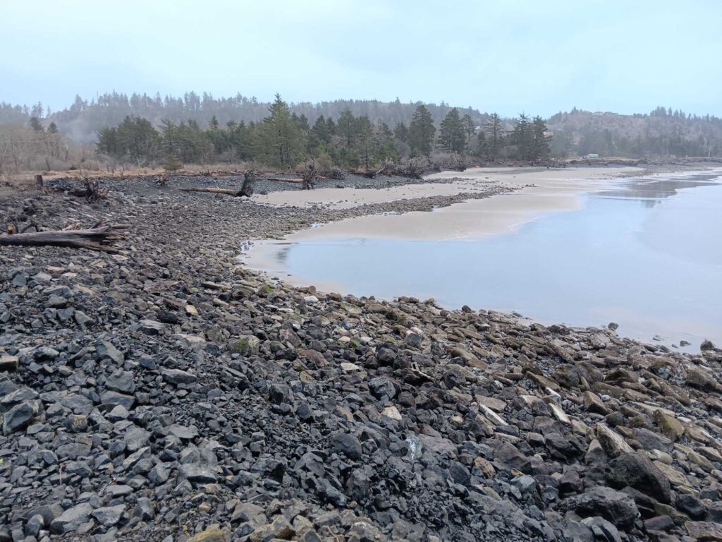 a rocky beach with a body of water in the background (MyCoast AI)