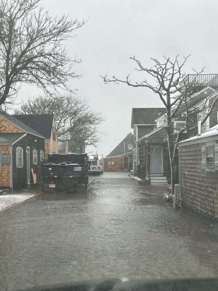 a flooded street with buildings and trees (MyCoast AI)